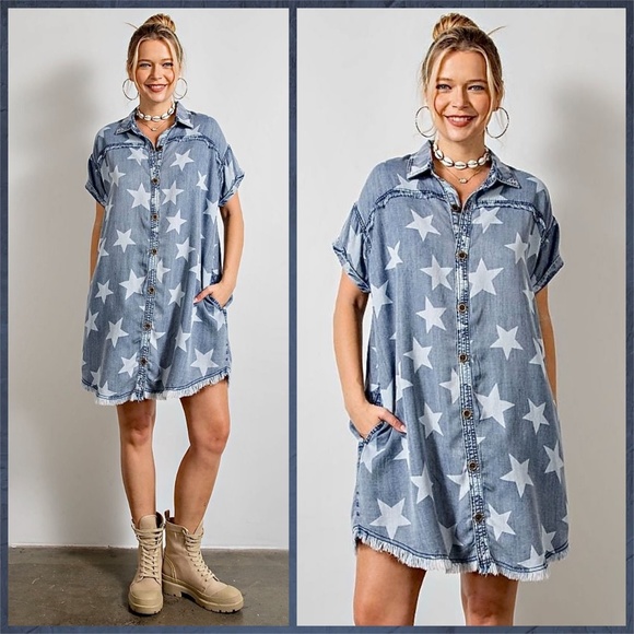 EASEL "Twinkle Star" Lightweight Cotton Denim Shirt Dress Button Up W/ Raw Seams - Picture 12 of 16